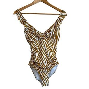 Nip Tuck Joanne Cognac Brown and White Zebra Print Ruffle Top One Piece Swimsuit